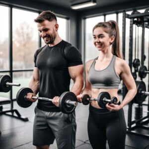 Image of Fit man and woman working out with barbells in a gym, promoting strength training and fitness goals.