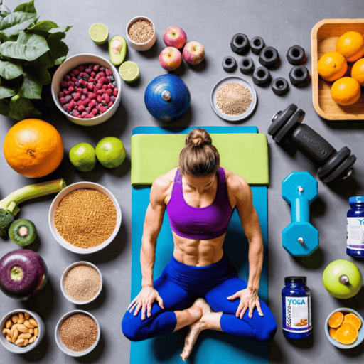 Image of a fit woman practicing yoga at wellness life seated in a meditative pose surrounded by healthy foods,