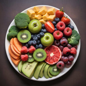 Image of Assorted fresh fruits, vegetables and berries on a round white plate, symbolizing a healthy diet for fitness enthusiasts in Canada.