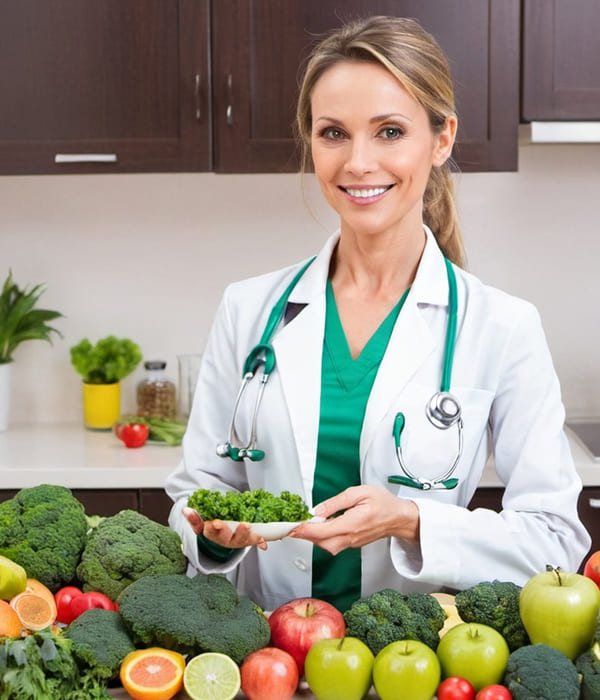 Image of Nutritionist in a white coat holding a plate of fresh greens surrounded by fruits and vegetables, promoting a healthy lifestyle through balanced nutrition.