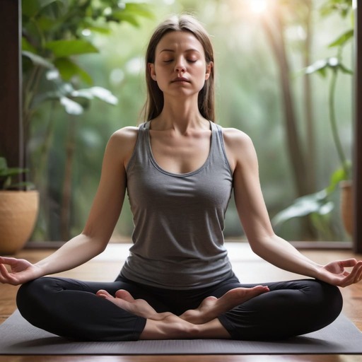 Image of Young woman meditating in a serene yoga pose, at wellness life surrounded by nature, promoting mindfulness and mental wellness.